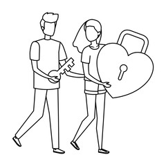 young couple lifting padlock with heart shape