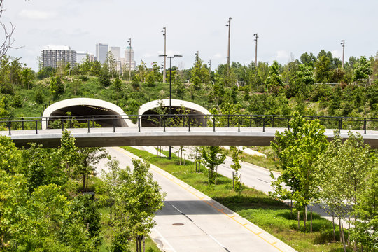 Looking out over highway tunnel and pedestrian overpass near park and Arkansas River with newly planted trees and wildflowers and skyline of Tulsa in distance - selective focus