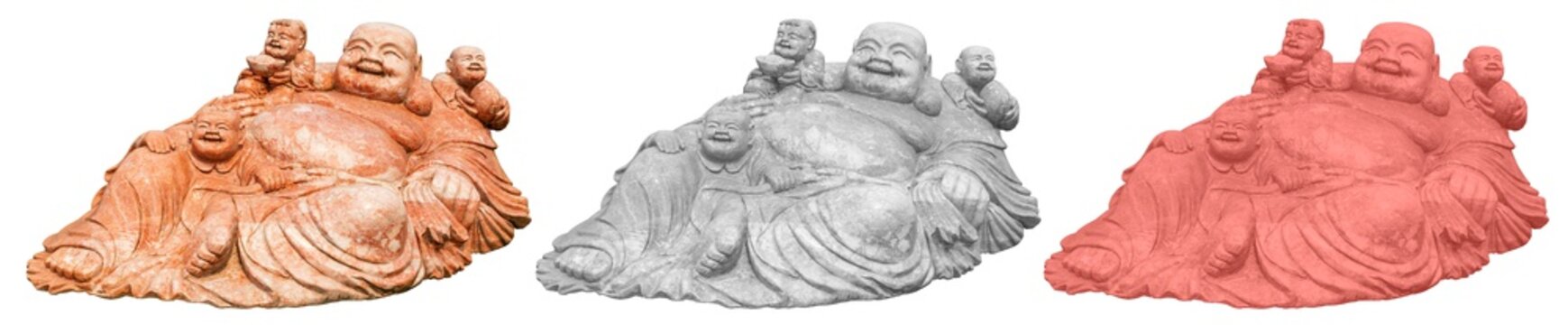 Budda asiatische Skulptur isoliert auf wei&szlig;em Hintergrund in drei Farbvariationen living Coral