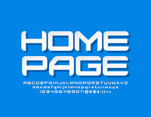 Vector techno sign Home Page with white Alphabet Letters, Numbers and Symbols. Modern minimalist Font 