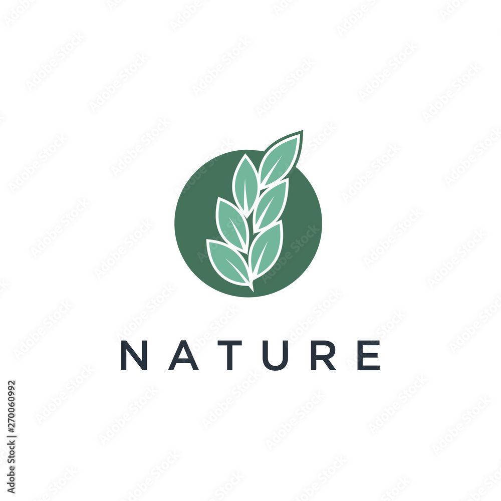 Poster Vector logo of nature in linear style. Outline icon of simple landscape with trees, sun, fields - business emblems, badge for a travel, farming and ecology concepts, health, spa and yoga Center.