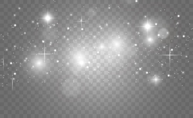 White sparks and golden stars glitter special light effect. Vector sparkles on transparent background. Christmas abstract pattern. Sparkling magic dust particles