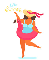 Hello summer background vector with a girl in a bathing suit and hand drawn text Hello Summer. Cute vector illustration  in flat style isolated on white background.