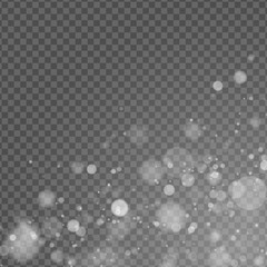 Abstract light effect. Lights bokeh isolated on transparent background. White glow. Snowfall effect. Random blurry spots. Vector illustration