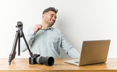 Young handsome photography teacher dancing and having fun.