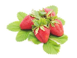 Ripe strawberries with leaves.