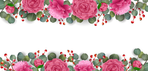 Romantic floral frame with pink peony flower, red berry and green eucalyptus leaf. Vector illustration for frame border, invitation design, and background template design