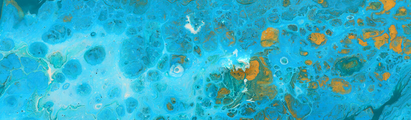 Obraz na płótnie Canvas photography of abstract marbleized effect background. Blue, mint and white creative colors. Beautiful paint with the addition of gold. banner