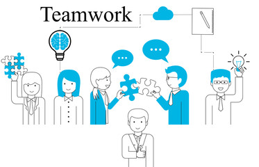 Teamwork People Vector - On White Background - Vector Illustration. Teamwork Line Icons For Web Design, Jigsaw And Team Work Projects. Happy Flat People Holding Puzzle Pieces And Light Bulb Idea Icon