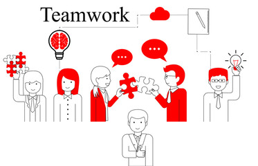 Teamwork People Vector - On White Background - Vector Illustration. Teamwork Line Icons For Web Design, Jigsaw And Team Work Projects. Happy Flat People Holding Puzzle Pieces And Light Bulb Idea Icon