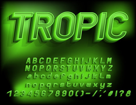 Bright green 3D Alphabet. Vector layered three dimension Italic font. English capital and small letters, numbers