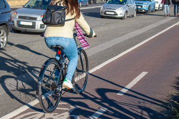 Person riding on a cycle lane by a road