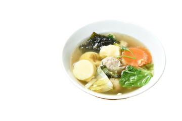 boiled egg tofu with minced pork and cabbage topping seaweed soup on bowl