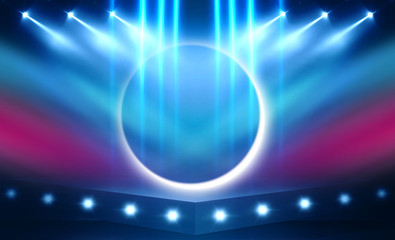 Background of empty stage show. Neon light and laser show. Laser futuristic shapes on a dark background. Abstract dark background with neon glow
