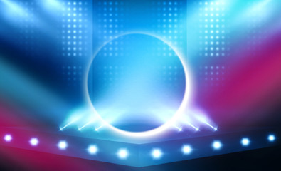 Background of empty stage show. Neon light and laser show. Laser futuristic shapes on a dark background. Abstract dark background with neon glow