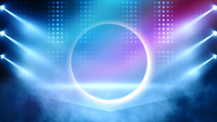 Background of empty stage show. Neon light and laser show. Laser futuristic shapes on a dark background. Abstract dark background with neon glow