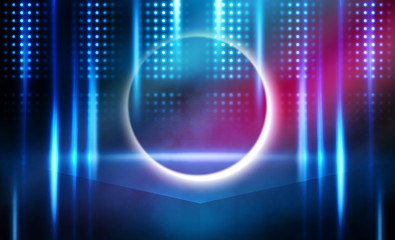 Background of empty stage show. Neon light and laser show. Laser futuristic shapes on a dark background. Abstract dark background with neon glow