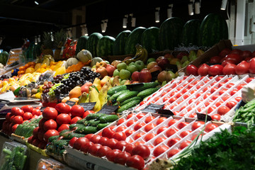 Summer fruits, vegetables and berries on the market.