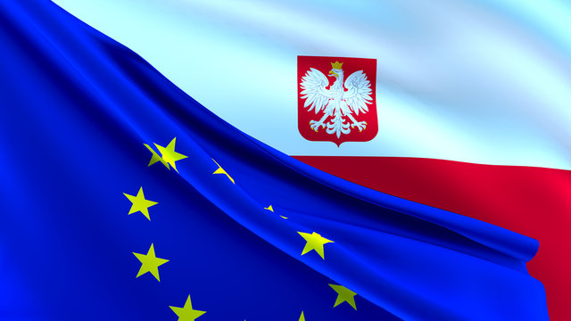 Polish and European Union Relations Concept - Merged Flags of Poland and the EU 3D Illustration
