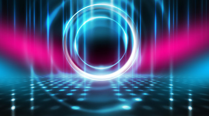 Background of empty stage show. Neon light and laser show. Laser futuristic shapes on a dark background. Abstract dark background with neon glow