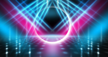 Background of empty stage show. Neon light and laser show. Laser futuristic shapes on a dark background. Abstract dark background with neon glow