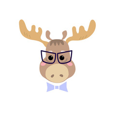 Cute cartoon character. Stylish moose in glasses. Cool picture is great for children's products: clothes, textiles, postcards, stationery products and other things. Vector illustration.