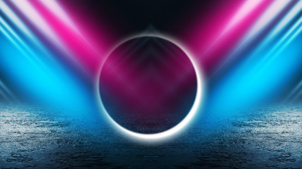 Background of empty stage show. Neon light and laser show. Laser futuristic shapes on a dark background. Abstract dark background with neon glow