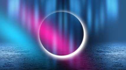 Background of empty stage show. Neon light and laser show. Laser futuristic shapes on a dark background. Abstract dark background with neon glow