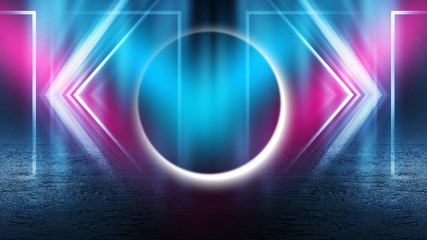 Background of empty stage show. Neon light and laser show. Laser futuristic shapes on a dark background. Abstract dark background with neon glow