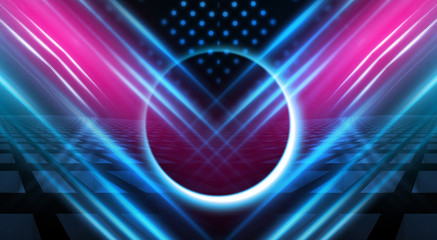Background of empty stage show. Neon light and laser show. Laser futuristic shapes on a dark background. Abstract dark background with neon glow