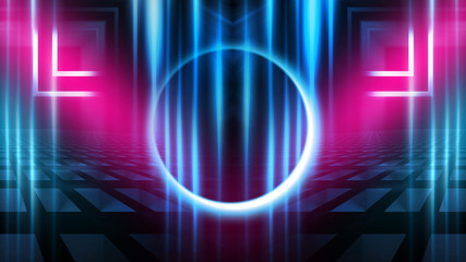 Background of empty stage show. Neon light and laser show. Laser futuristic shapes on a dark background. Abstract dark background with neon glow