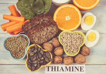 Ingredients containing vitamins B1 (thiamine). Healthy eating concept.