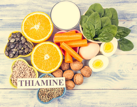 Ingredients containing vitamins B1 (thiamine). Healthy eating concept.