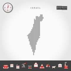 Vector Vertical Lines Pattern Map of Israel. Striped Simple Silhouette of Israel. Realistic Vector Compass. Business Infographic Icons.