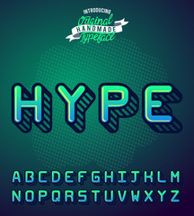 Hype. 3D sans serif font. Vintage typography typeface. Color vector illustration.