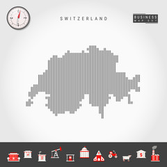 Vector Vertical Lines Pattern Map of Switzerland. Striped Simple Silhouette of Switzerland. Realistic Vector Compass. Business Infographic Icons.