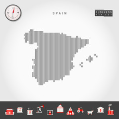 Vector Vertical Lines Pattern Map of Spain. Striped Simple Silhouette of Spain. Realistic Vector Compass. Business Infographic Icons.