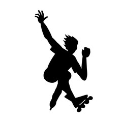 Fototapeta na wymiar Silhouette of guy on roller skates. Guy make a stunt. Vector black and white illustration. Cutout isolated object. Sports goods elements.