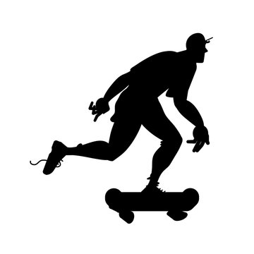 Silhouette of skateboarder. Guy on skateboard. Vector black and white illustration. Cutout isolated object. Sports goods elements.
