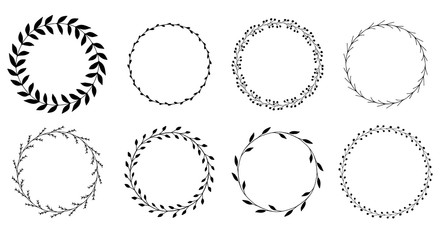 Vector set of hand drawn beautiful round floral frames in black color isolated on white background. Romantic decoration elements for wedding invitations, gift cards, banners. Cute botanical wreaths.