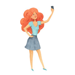 Selfie. hand drawn watercolor illustration cute redhead girl taking selfie