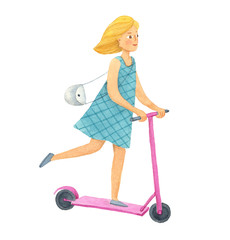 watercolor girl in blue dress rides a scooter. watercolor isolated illustration