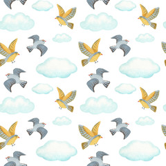 watercolor seamless pattern clouds and birds. white background