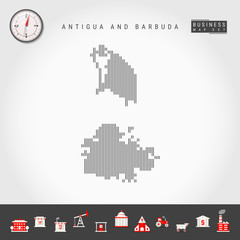 Vector Vertical Lines Pattern Map of Antigua and Barbuda. Striped Simple Silhouette. Realistic Vector Compass. Business Infographic Icons.