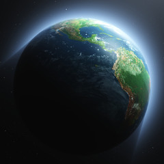 Earth in space, exoplanet among the stars, 3d rendering