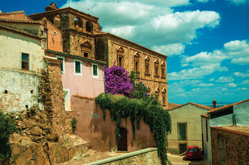 Fototapeta na wymiar Old buildings and flowering trees over an alleyway with car at Caceres