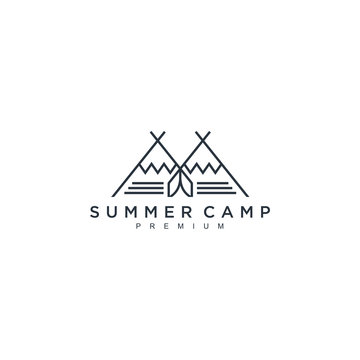 Camp Logo Design Template Vector For Your Design. It's Good For Symbolize Of Out Door Activity Such A Camping, Hiking, Picnic Or It's Also Good For A Recreation Park Logo.