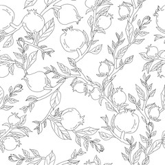 Seamless pattern with hand drawn pomegranates on branches with leaves monochrome vector illustration