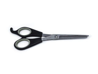 A black plastice handle scissors, hair cut tool on white background.
