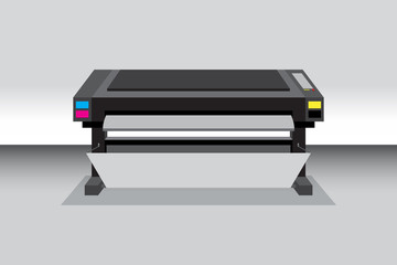 Dark color Medium high size of wide format inkjet printer or plotter in vector. Details with controller buttons and cartridge of CMYK ink.